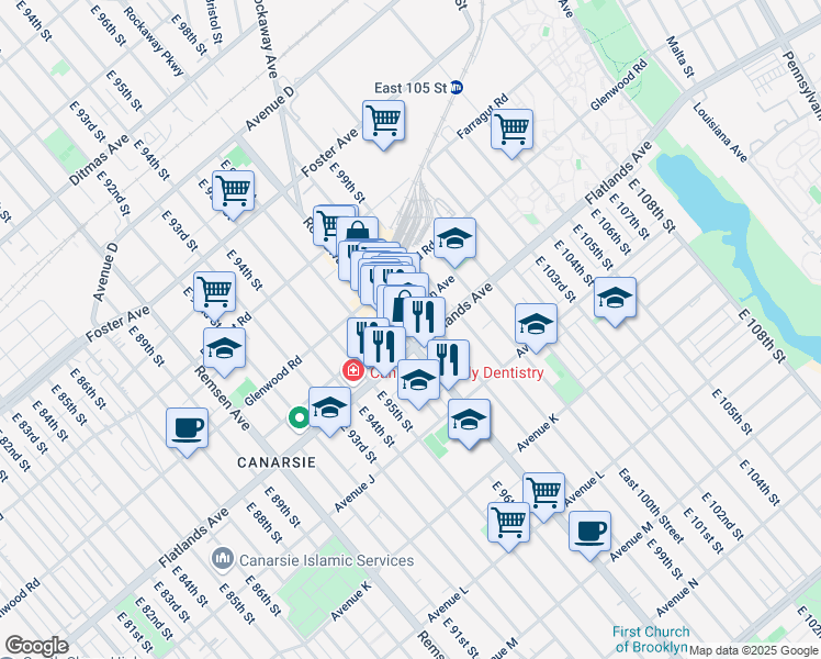 map of restaurants, bars, coffee shops, grocery stores, and more near 9719 Flatlands Avenue in Brooklyn