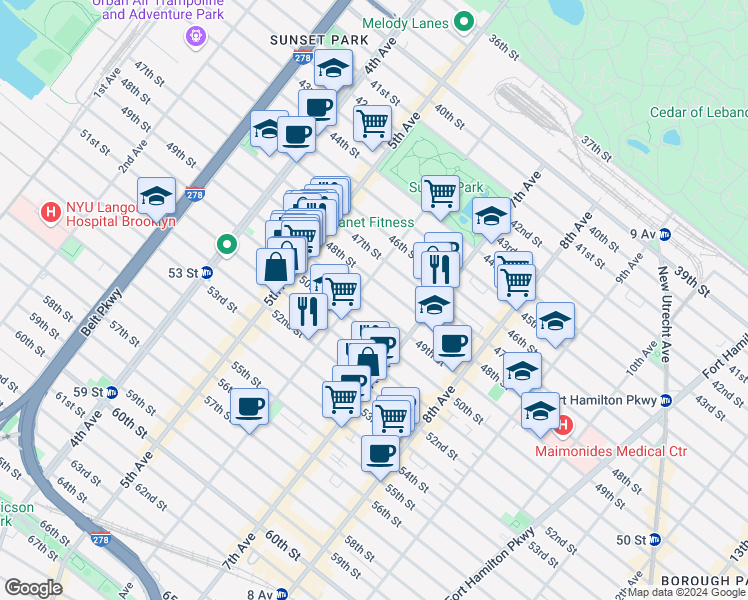 map of restaurants, bars, coffee shops, grocery stores, and more near 619 49th Street in Brooklyn