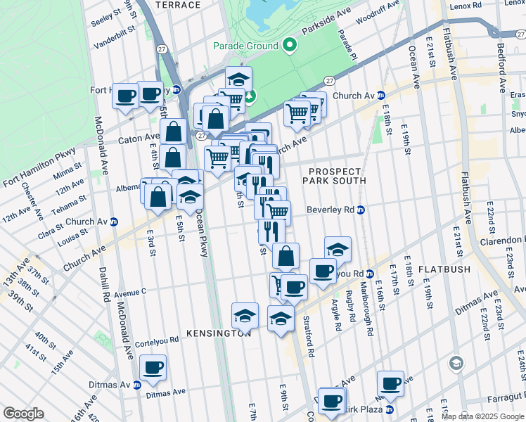 map of restaurants, bars, coffee shops, grocery stores, and more near 823 Beverley Road in Brooklyn