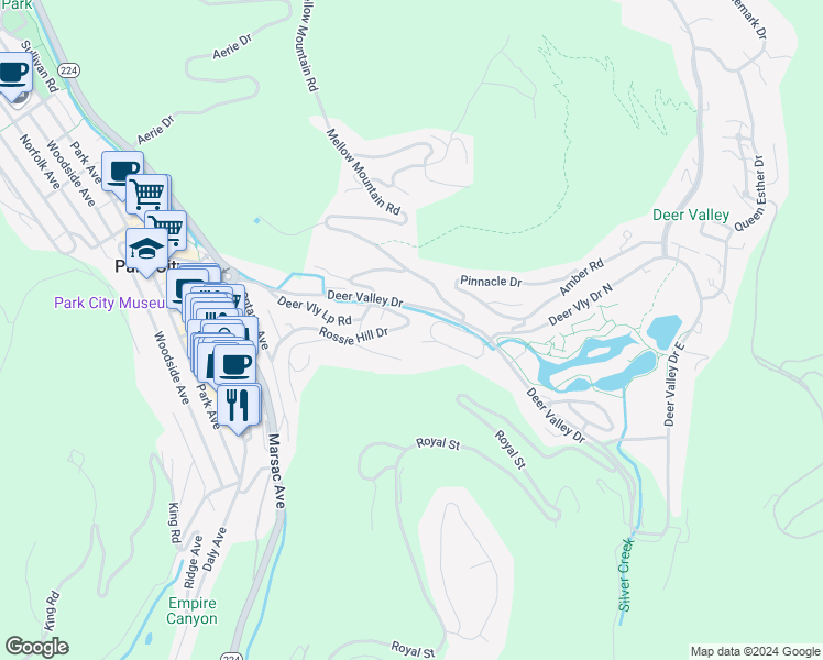 map of restaurants, bars, coffee shops, grocery stores, and more near 680 Rossie Hill Drive in Park City