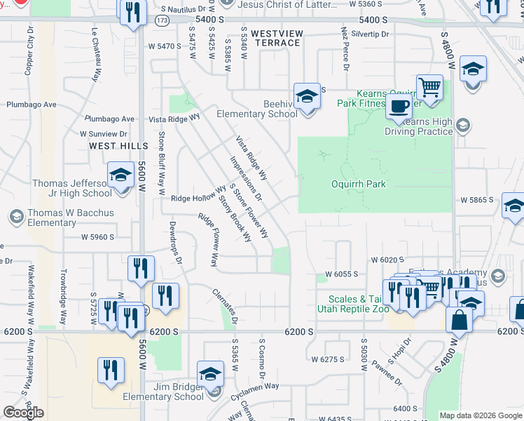 map of restaurants, bars, coffee shops, grocery stores, and more near 5884 Impressions Drive in Kearns