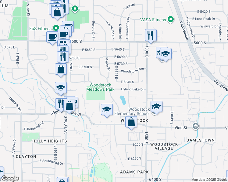 map of restaurants, bars, coffee shops, grocery stores, and more near 5915 Lakeside Drive in Murray