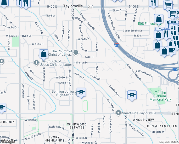 map of restaurants, bars, coffee shops, grocery stores, and more near 2571 Surrey Road in Taylorsville