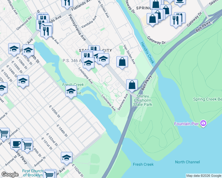 map of restaurants, bars, coffee shops, grocery stores, and more near 1520 Hornell Loop in Brooklyn