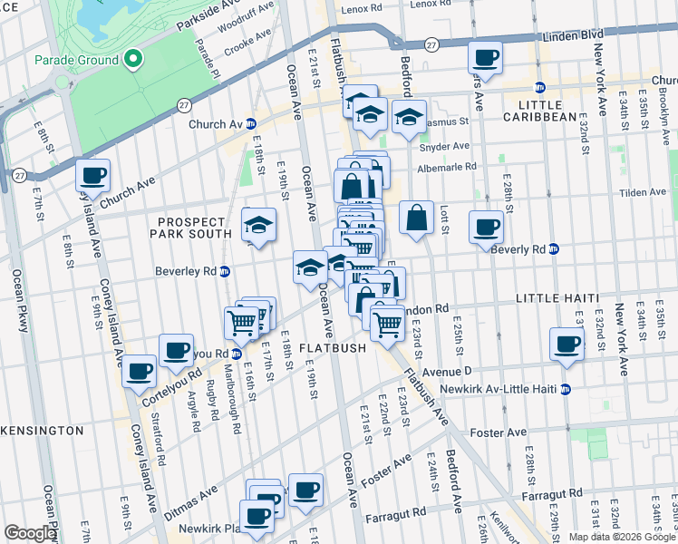map of restaurants, bars, coffee shops, grocery stores, and more near 420 East 21st Street in Brooklyn