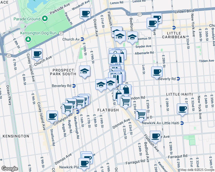 map of restaurants, bars, coffee shops, grocery stores, and more near 420 East 21st Street in Brooklyn