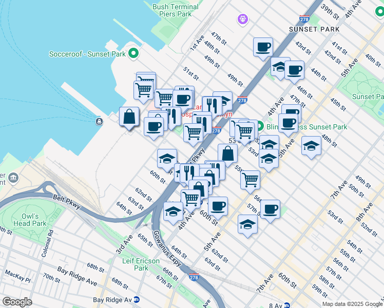 map of restaurants, bars, coffee shops, grocery stores, and more near in Brooklyn