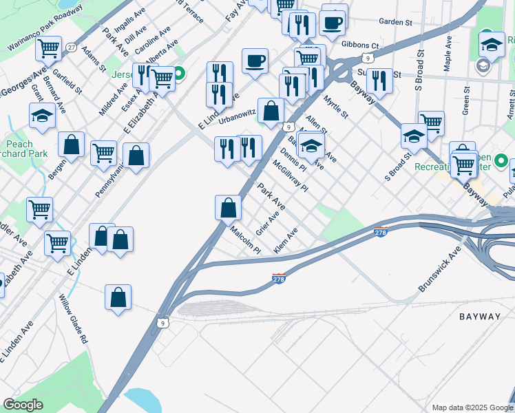 map of restaurants, bars, coffee shops, grocery stores, and more near 706 Worth Avenue in Linden