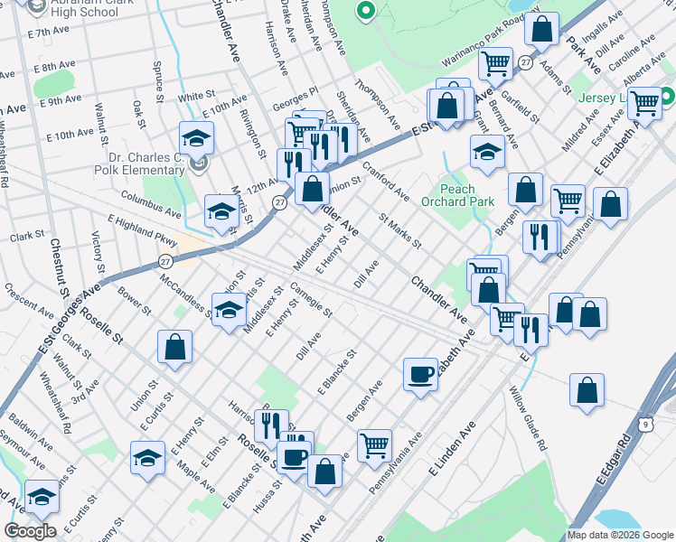 map of restaurants, bars, coffee shops, grocery stores, and more near 1107 Passaic Avenue in Linden
