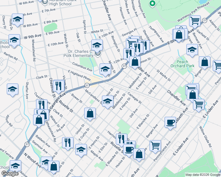 map of restaurants, bars, coffee shops, grocery stores, and more near 913 Union Street in Linden