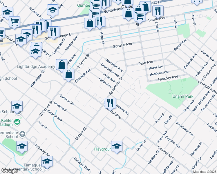 map of restaurants, bars, coffee shops, grocery stores, and more near 1019 Boynton Avenue in Westfield