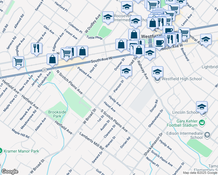 map of restaurants, bars, coffee shops, grocery stores, and more near 558 West Broad Street in Westfield