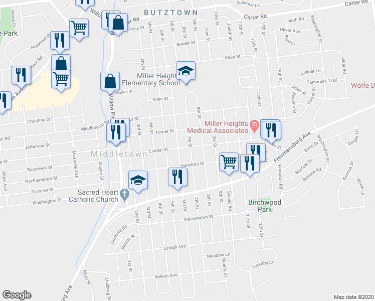 map of restaurants, bars, coffee shops, grocery stores, and more near 1924 6th Street in Bethlehem