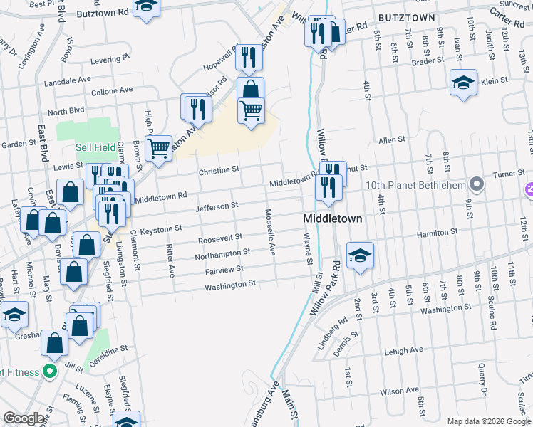 map of restaurants, bars, coffee shops, grocery stores, and more near 3102 Keystone Street in Bethlehem