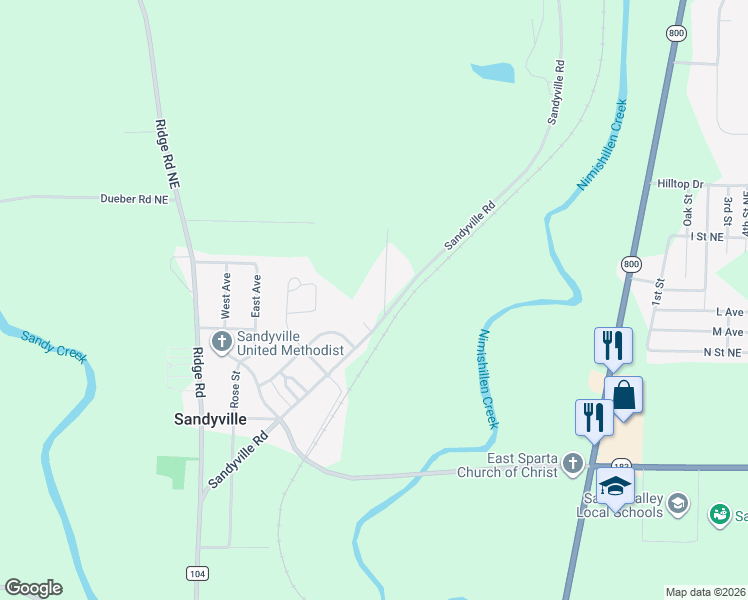 map of restaurants, bars, coffee shops, grocery stores, and more near in Sandyville