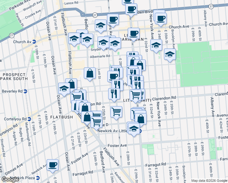 map of restaurants, bars, coffee shops, grocery stores, and more near 1069 Rogers Avenue in Brooklyn