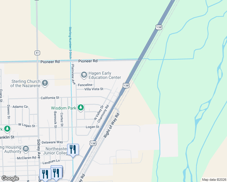map of restaurants, bars, coffee shops, grocery stores, and more near 201 Villa Vista Street in Sterling