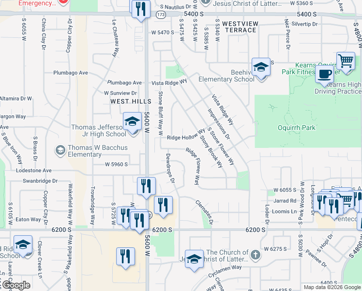 map of restaurants, bars, coffee shops, grocery stores, and more near 5476 Ridge Flower Way in Kearns