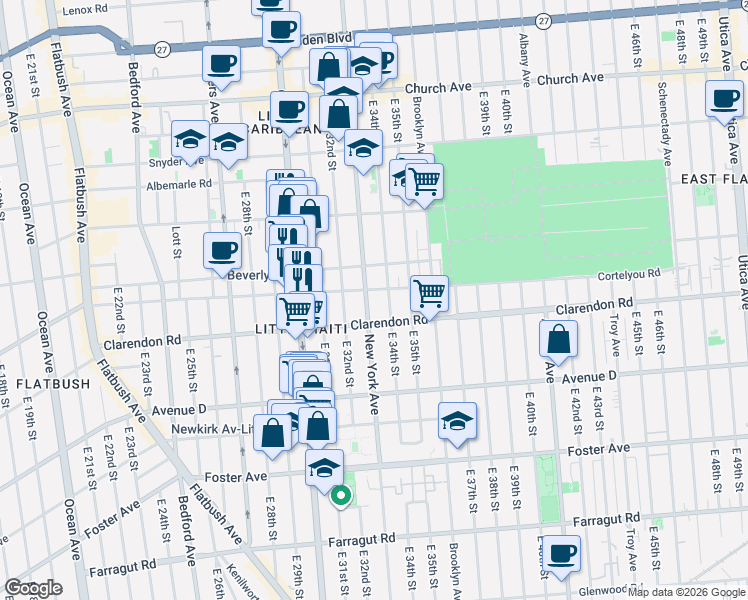 map of restaurants, bars, coffee shops, grocery stores, and more near 1191 New York Avenue in Brooklyn