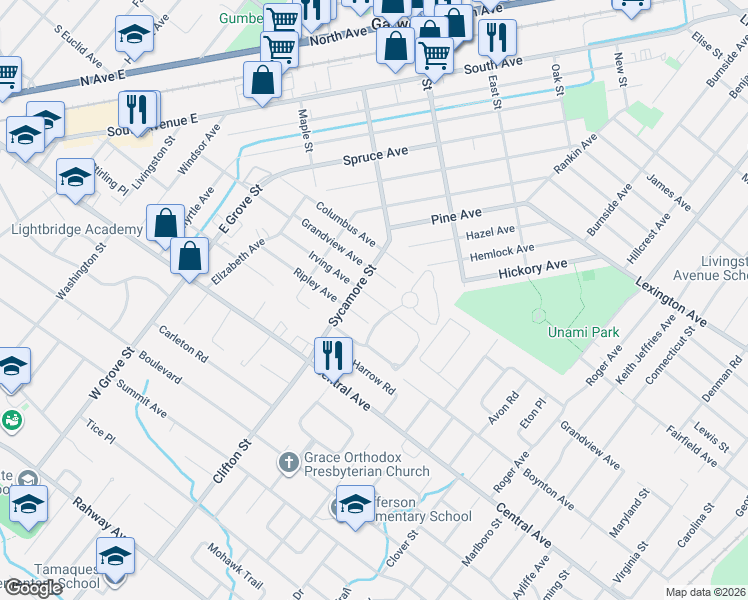 map of restaurants, bars, coffee shops, grocery stores, and more near 1129 Irving Avenue in Westfield