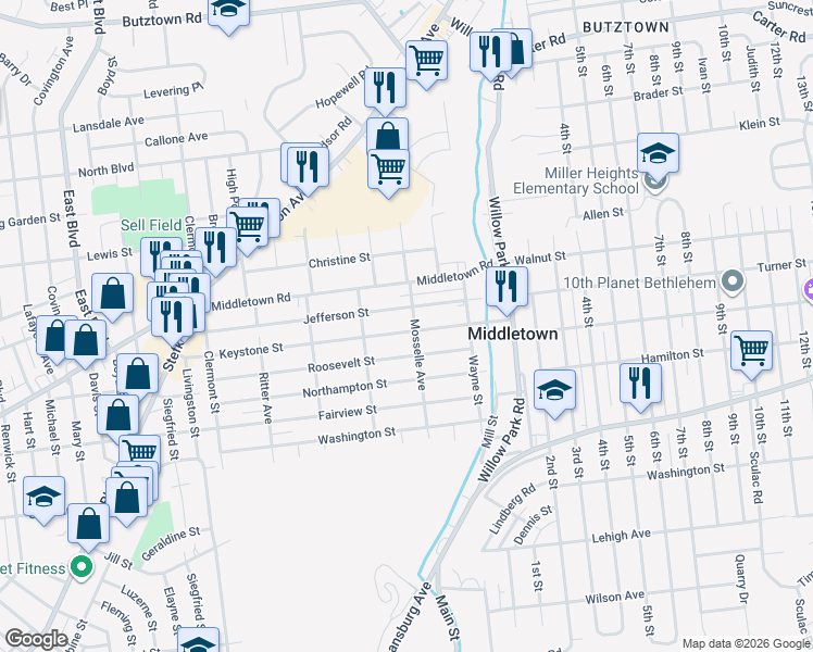 map of restaurants, bars, coffee shops, grocery stores, and more near 3102 Keystone Street in Bethlehem