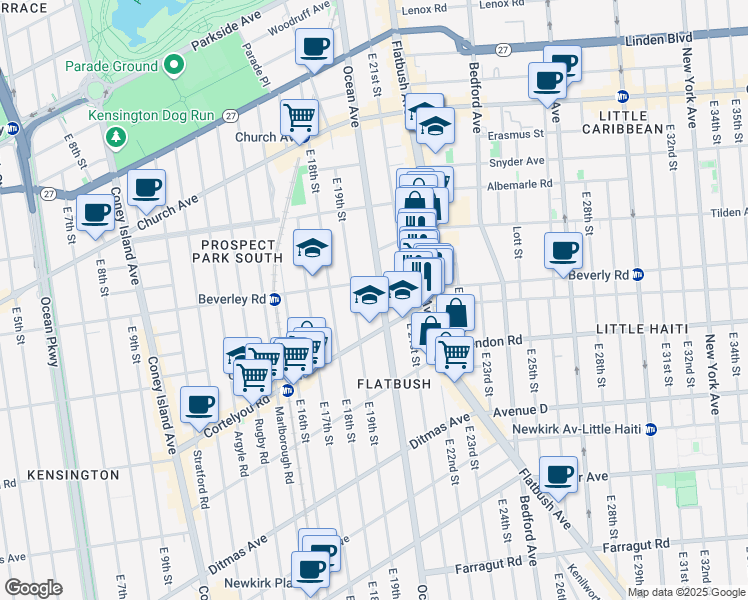 map of restaurants, bars, coffee shops, grocery stores, and more near 750 Ocean Avenue in Kings County
