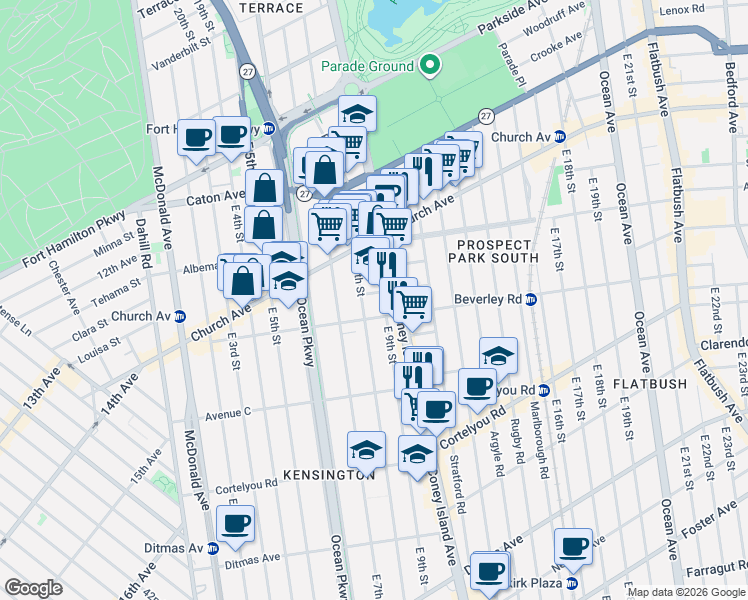 map of restaurants, bars, coffee shops, grocery stores, and more near 2 Hinckley Place in Brooklyn