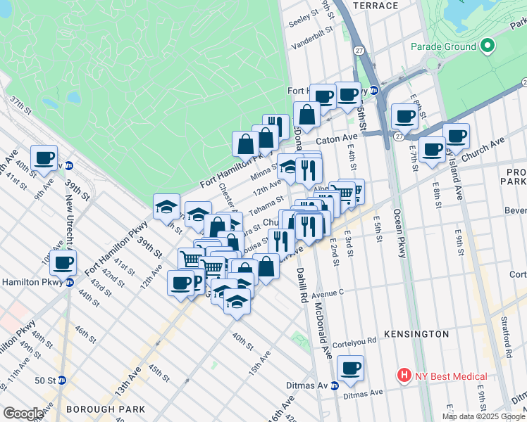 map of restaurants, bars, coffee shops, grocery stores, and more near 55 Tehama Street in Brooklyn