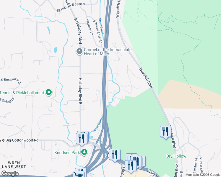 map of restaurants, bars, coffee shops, grocery stores, and more near 5885 South Tolcate Lane in Holladay