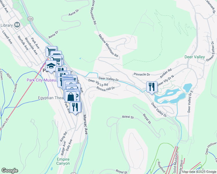 map of restaurants, bars, coffee shops, grocery stores, and more near 611 Rossie Hill Drive in Park City