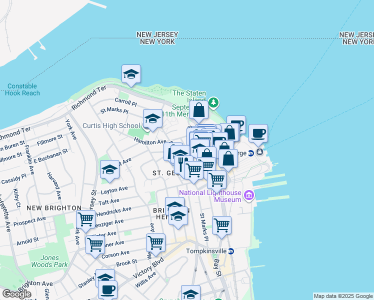 map of restaurants, bars, coffee shops, grocery stores, and more near 30 Academy Place in Staten Island