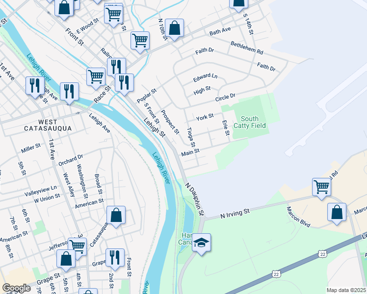 map of restaurants, bars, coffee shops, grocery stores, and more near 138 Main Street in Catasauqua