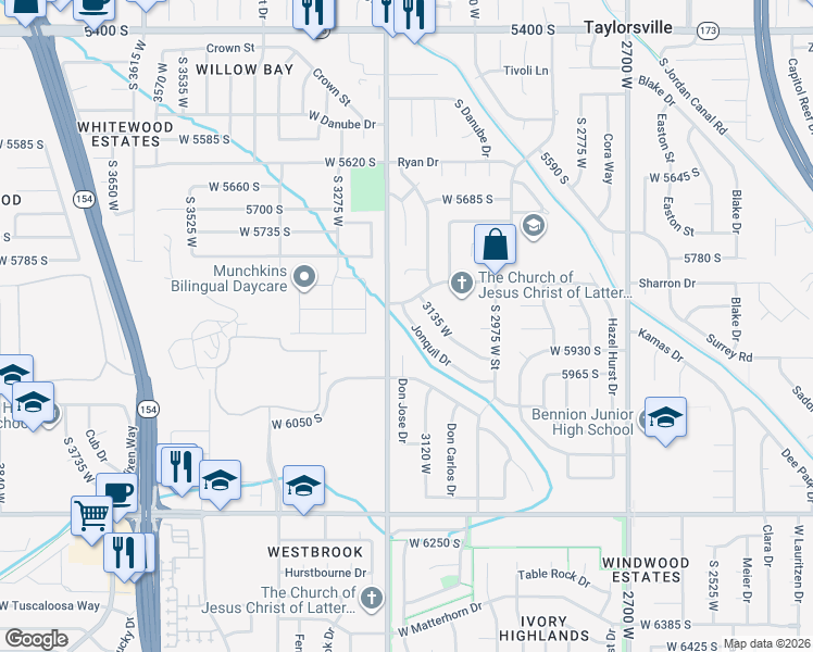 map of restaurants, bars, coffee shops, grocery stores, and more near 5884 Jonquil Drive in Salt Lake City