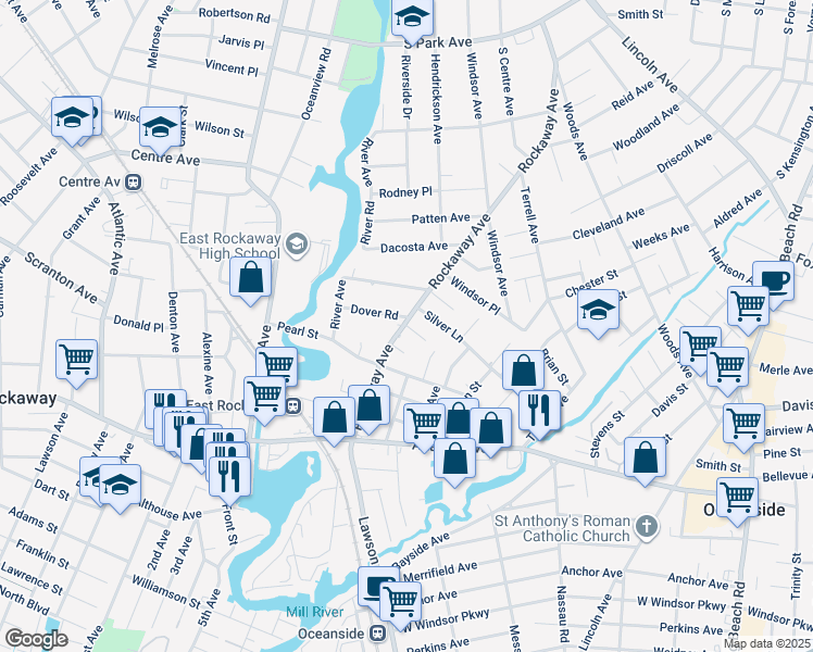 map of restaurants, bars, coffee shops, grocery stores, and more near 1 Rockaway Court in Oceanside