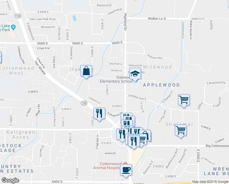 map of restaurants, bars, coffee shops, grocery stores, and more near 1932 Charleston Lane in Holladay
