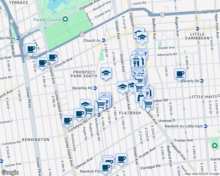 map of restaurants, bars, coffee shops, grocery stores, and more near 288 East 18th Street in Brooklyn