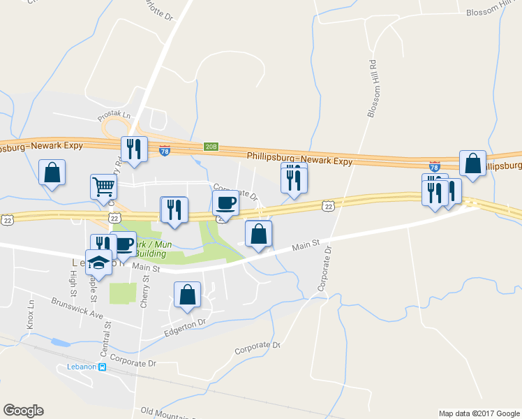 map of restaurants, bars, coffee shops, grocery stores, and more near 1180 U.S. 22 in Lebanon