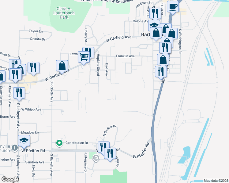 map of restaurants, bars, coffee shops, grocery stores, and more near 410 Bird Avenue in Bartonville