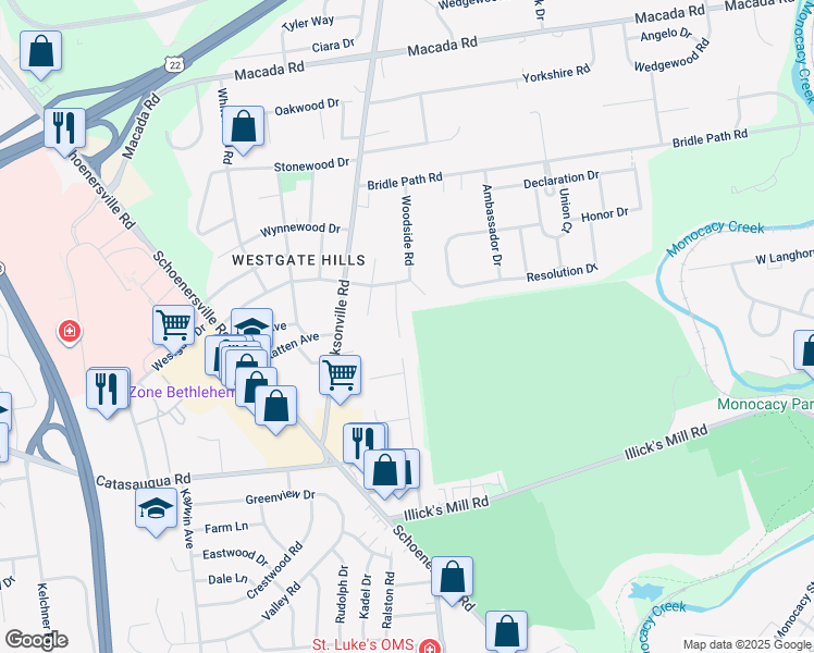 map of restaurants, bars, coffee shops, grocery stores, and more near 2460 Rosewood Drive in Bethlehem