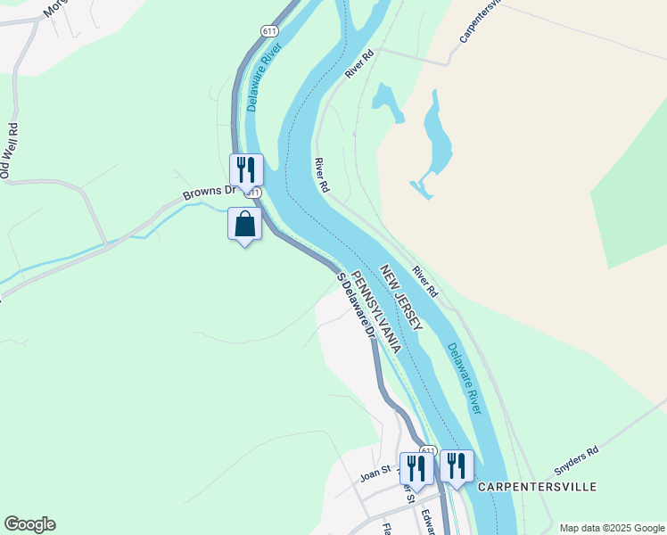map of restaurants, bars, coffee shops, grocery stores, and more near 1686 South Delaware Drive in Northampton County