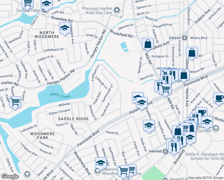 map of restaurants, bars, coffee shops, grocery stores, and more near 1013 South End in Woodmere