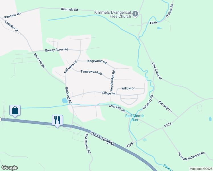 map of restaurants, bars, coffee shops, grocery stores, and more near 2604 Village Road in Orwigsburg