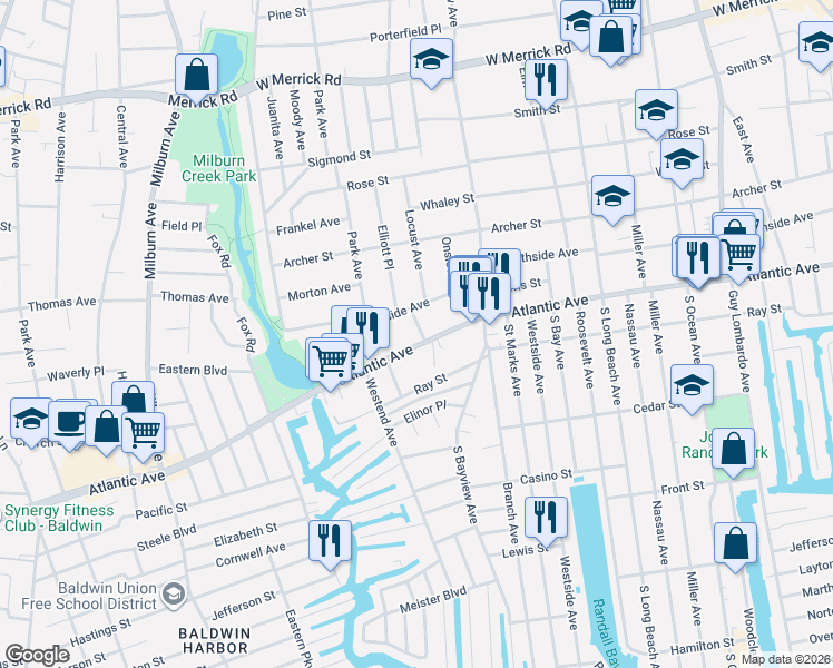 map of restaurants, bars, coffee shops, grocery stores, and more near 423 Atlantic Avenue in Freeport