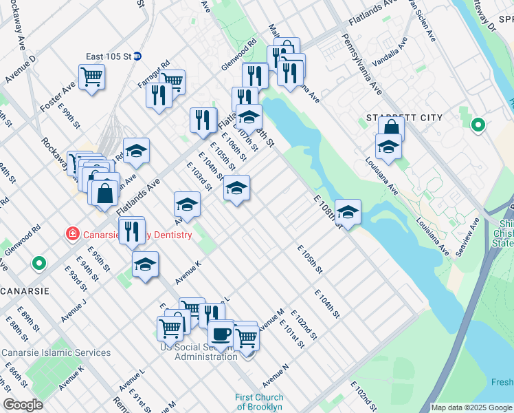 map of restaurants, bars, coffee shops, grocery stores, and more near 10417 Avenue K in Brooklyn