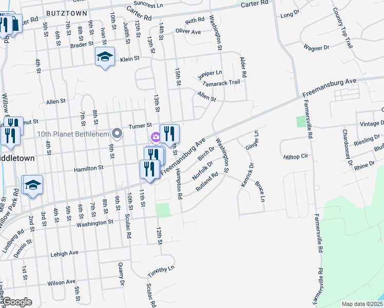 map of restaurants, bars, coffee shops, grocery stores, and more near 3938 Freemansburg Avenue in Bethlehem