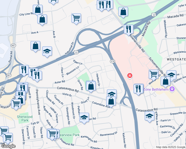 map of restaurants, bars, coffee shops, grocery stores, and more near 2183 Allwood Drive in Bethlehem