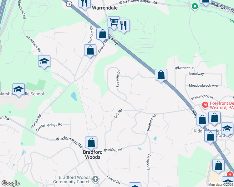 map of restaurants, bars, coffee shops, grocery stores, and more near 269 Seasons Drive in Wexford