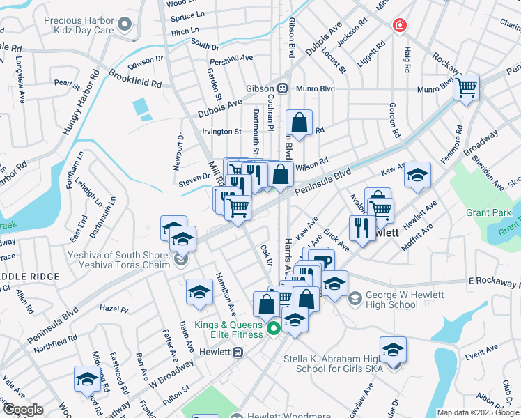 map of restaurants, bars, coffee shops, grocery stores, and more near 1337 Peninsula Boulevard in Hewlett