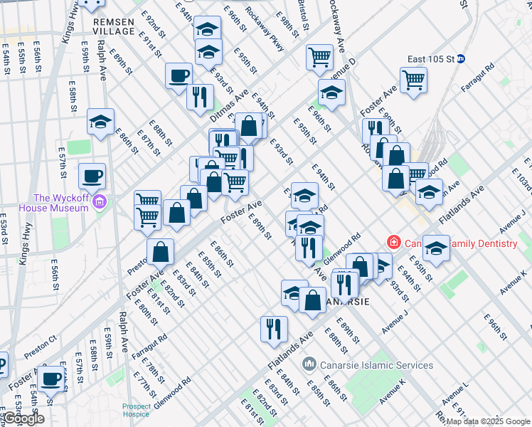 map of restaurants, bars, coffee shops, grocery stores, and more near 535 East 89th Street in Brooklyn