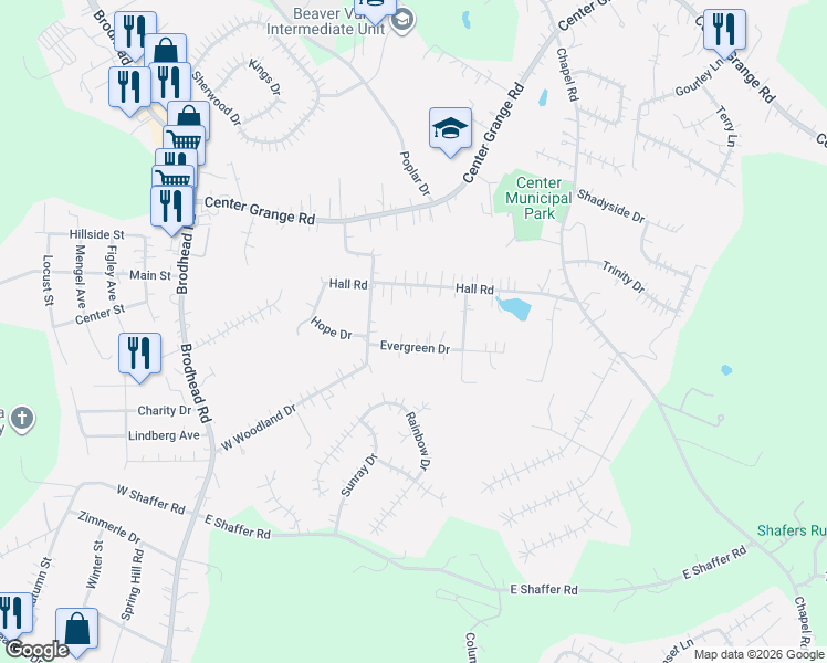 map of restaurants, bars, coffee shops, grocery stores, and more near 140 Evergreen Drive in Aliquippa